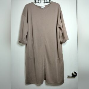 purejill by J. Jill (Sz L Tall) Tan Stretch Half Sleeve Slip Pockets Midi Dress